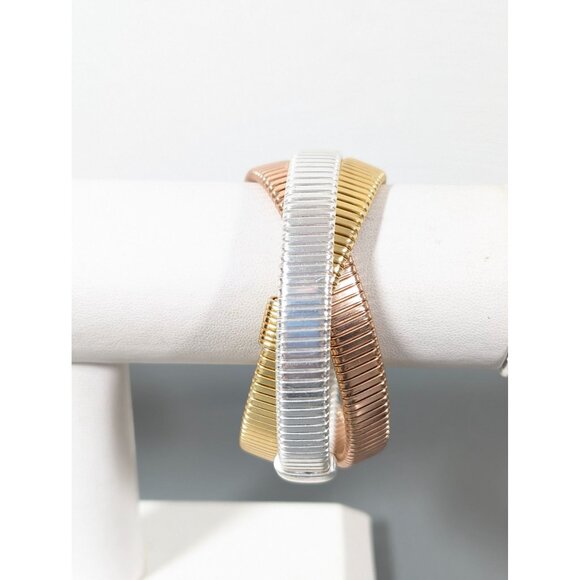 Mixed Metal Style Interlocking Triple Stretch Bracelet 7" Retro - Picture 1 of 8